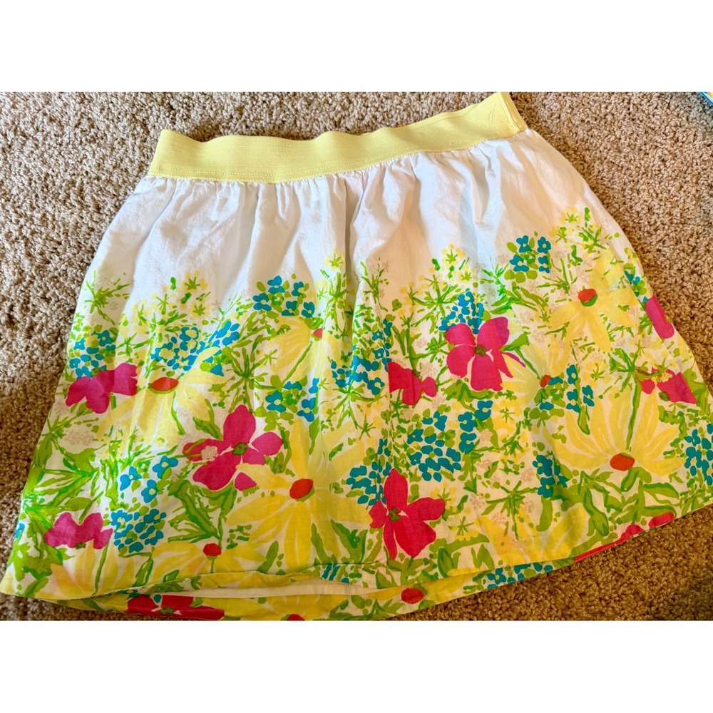 Lilly Pulitzer Floral Cotton Mini Skirt White Pink Yellow Elastic Waist Small